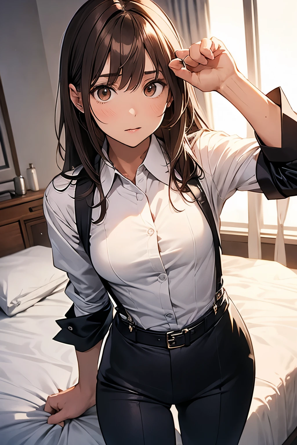 Brown Hair、Staring at the audience　　　Black suspenders　　　bulging big breasts　　 　 　　　wall: 　Black pantsuit　　　　　　sight　　　Small face　 　　　holster　　　Beautiful woman　　Show your hand　　 Lying in bed　　sight 　　Taunt　side　side汗 　arm　Dress shirt　Black Suit　belt