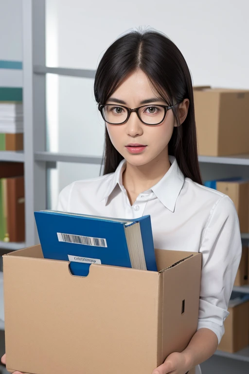 staff,white collared,The expression is frustrated,Carrying a big box,The box contains books and documents,realism,Office Background