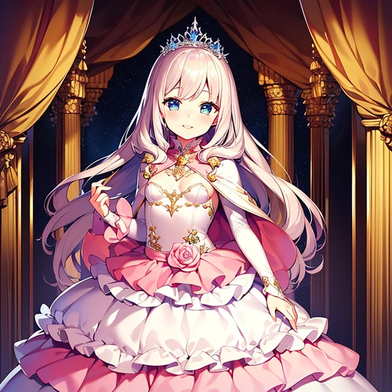 (kawaii),(best quality),(ultra detailed),(rococo style),(long train pastel pink cape:1.15), very long cape,(long train white ball gown with flower decorations:1.1), a girl is wearing a cape over her gown, 1 little princess, tiara, smile, very long hair, small breasts, beautiful detailed eyes, beautiful detailed lips, looking at viewer