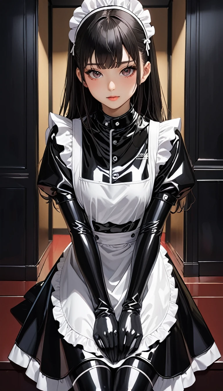 25Old young Japanese woman、(Beautiful Face)、(Black latex maid outfit)、Black latex long skirt、Black latex long sleeve shirt、Long gloves in black latex、black latex tights、White waist-length apron、The clothes fit very well、Latex has a very strong shine、Dark Room