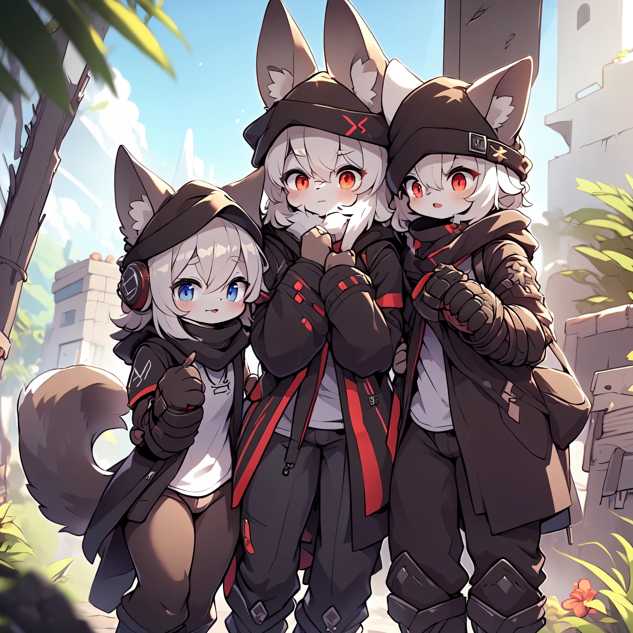Kawaii, Striped Fluffy Fox, emaciated, long hair, 3girls, artificial synthetic skin, life support prosthetics, digital headphones, black tight latex bodysuit, white long dress, thigh-high-socks, shorts, loose off-the-shoulder hood open jacket, holsters in thigh, Mechanical boots, tactical knee pads, tactical belted loose Arm Sleeves, cybernetic Display gloves, chest rigs, tactical belts, blue archive halo, bulletproof goggles on forehead, from Ark nights, ray tracing, depth of field, bloom, masterpiece, ccurate, high details, highres