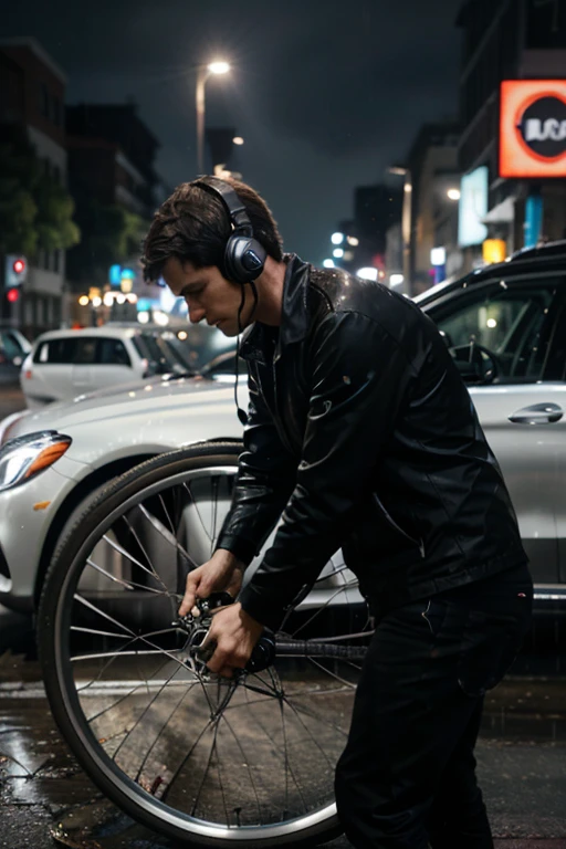 A man fixes the wheel of a Mercedes car, a cyclist wearing headphones passes by, it is raining.