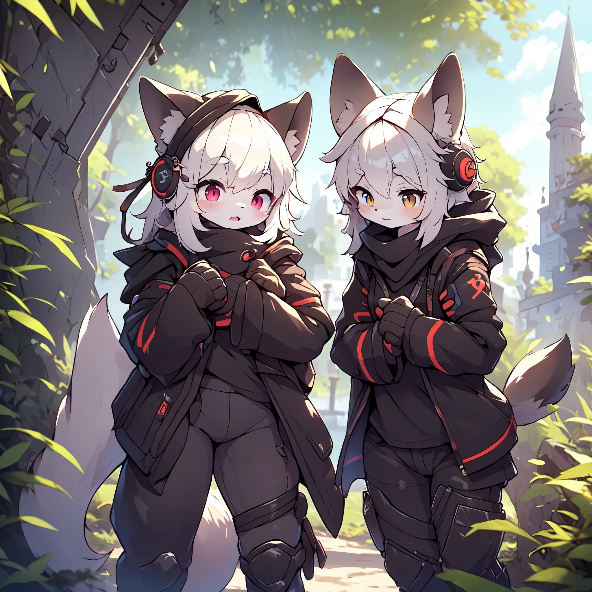 Kawaii, Striped Fluffy Fox, emaciated, long hair, 3girls, artificial synthetic skin, life support prosthetics, digital headphones, black tight latex bodysuit, white long dress, thigh-high-socks, shorts, loose off-the-shoulder hood open jacket, holsters in thigh, Mechanical boots, tactical knee pads, tactical belted loose Arm Sleeves, cybernetic Display gloves, chest rigs, tactical belts, blue archive halo, bulletproof goggles on forehead, from Ark nights, ray tracing, depth of field, bloom, masterpiece, ccurate, high details, highres