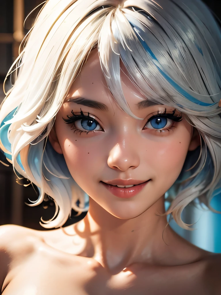 ((best quality)), ((masterpiece)), (detailed), perfect face. Asian girl. Smile. White hair. Small breast. Nipple.
