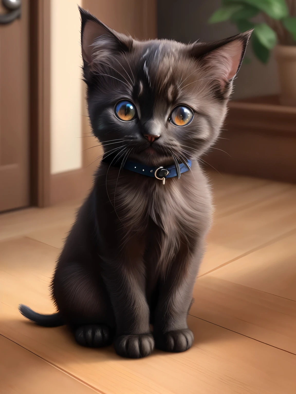 (highest quality,4K,8k,High resolution,masterpiece:1.2),Super detailed,(Realistic,Realistic,Photorealistic:1.37),indoor,Cute black kitten、Blue collar、Art Gallery、(Very small kitten)、Random Pause
