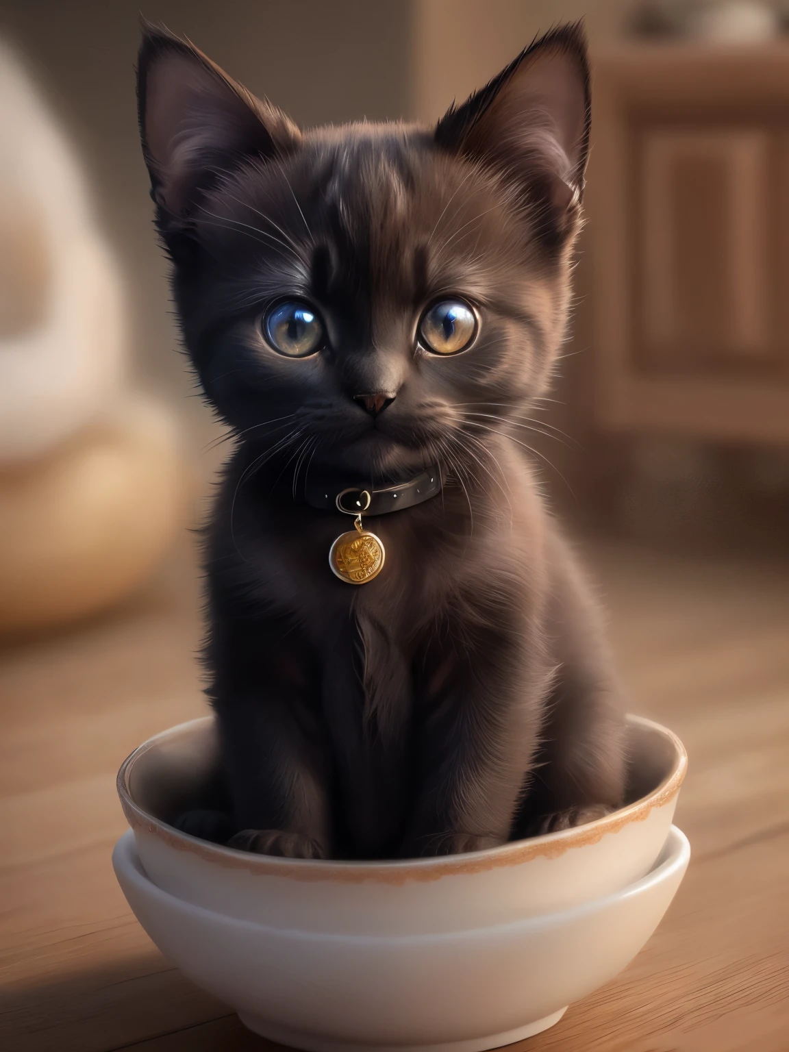 (highest quality,4K,8k,High resolution,masterpiece:1.2),Super detailed,(Realistic,Realistic,Photorealistic:1.37),indoor,Cute black kitten、Blue collar、Art Gallery、(Very small kitten)、Random Pause