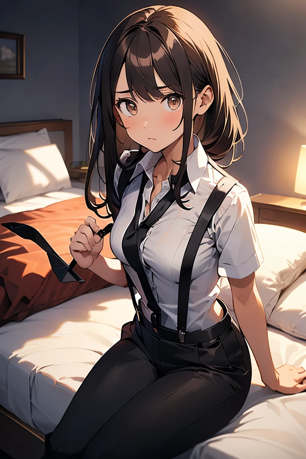 Brown Hair、Staring at the audience　　　Black suspenders　　　bulging big breasts　　 　 　　　wall: 　Black pantsuit　　　　　　sight　　　Small face　 　　　holster　　　Beautiful woman　　Show your hand　　 Lying in bed　　sight 　　Taunt　side　side汗 　arm　Dress shirt　Black Suit　belt