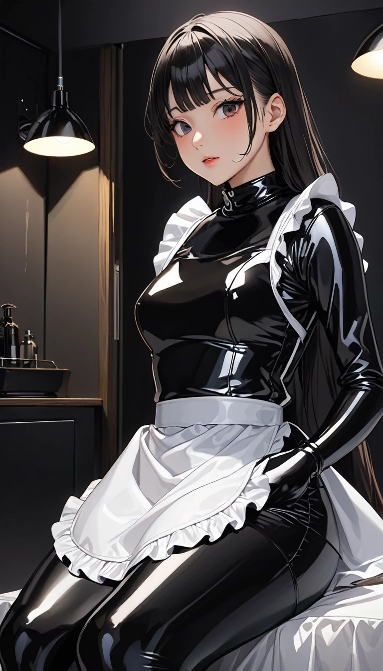 ２５Old young Japanese woman、(Beautiful Face)、(Black latex maid outfit)、Black latex long skirt、Black latex long sleeve shirt、Long gloves in black latex、black latex tights、White waist-length apron、The clothes fit very well、Latex has a very strong shine、Dark Room