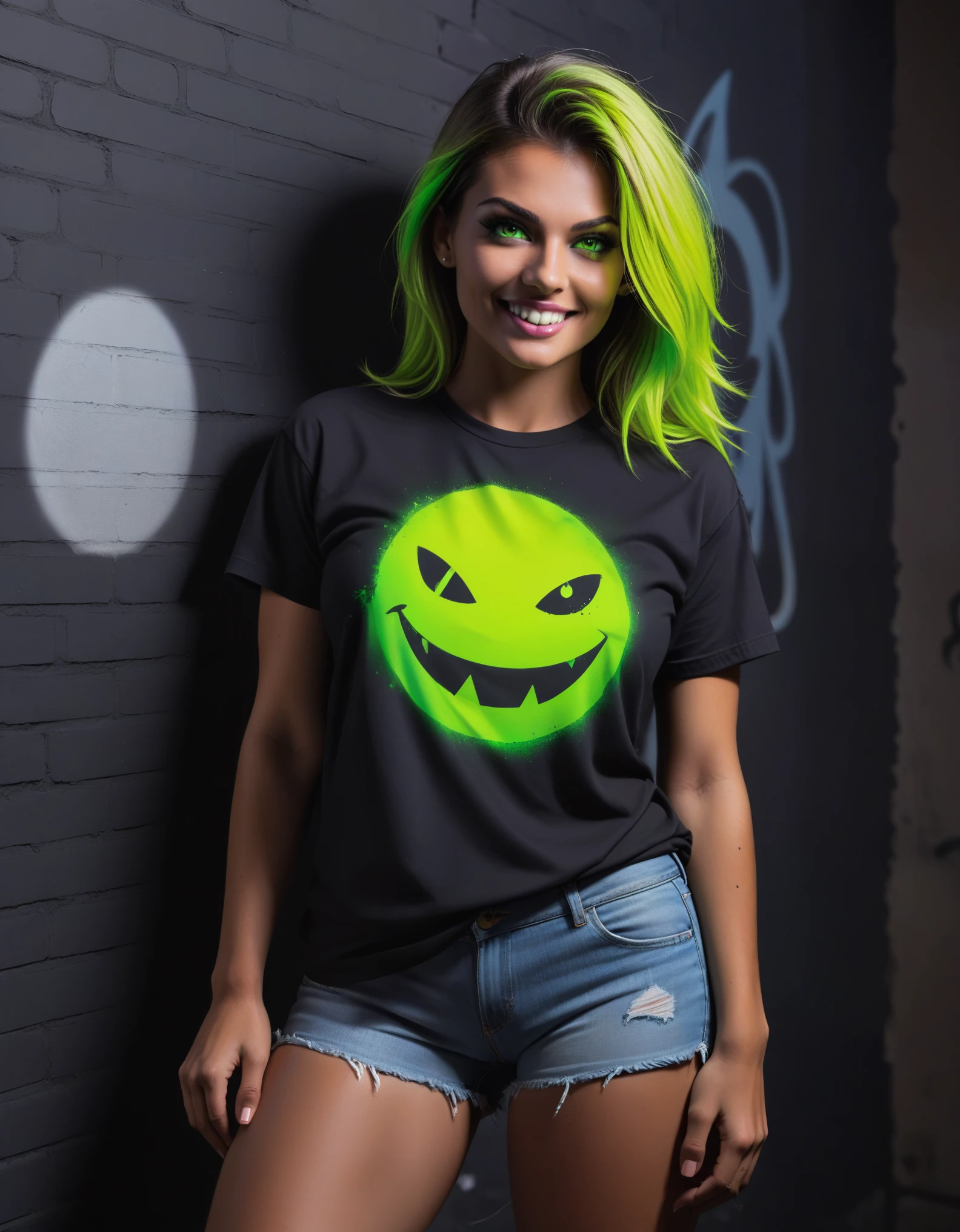 (Portrait of a mysterious giant eye)，indoor，Fluorescent illumination，(((Darkness shrouded)))，Wall background，black background，silhouette，shadow，extreme darknesinimalist graffiti style background，Fluorescent green eye graffiti，Dark atmosphere，cowboy shot,1girl,Oversized black T-shirt，Medium Breast，Waistless T-shirt，（underboob），blurred background，Blurred foreground，Green fluorescent hair，Fluorescent green eyes，Hand raised and touching hair，long hair，Messy hair，Low rise denim shorts，Over-the-knee boots，pink eye shadow，Ruined eyeshadow，Grin，Open your mouth，Devil smiley，middle finger，Shark Teeth，