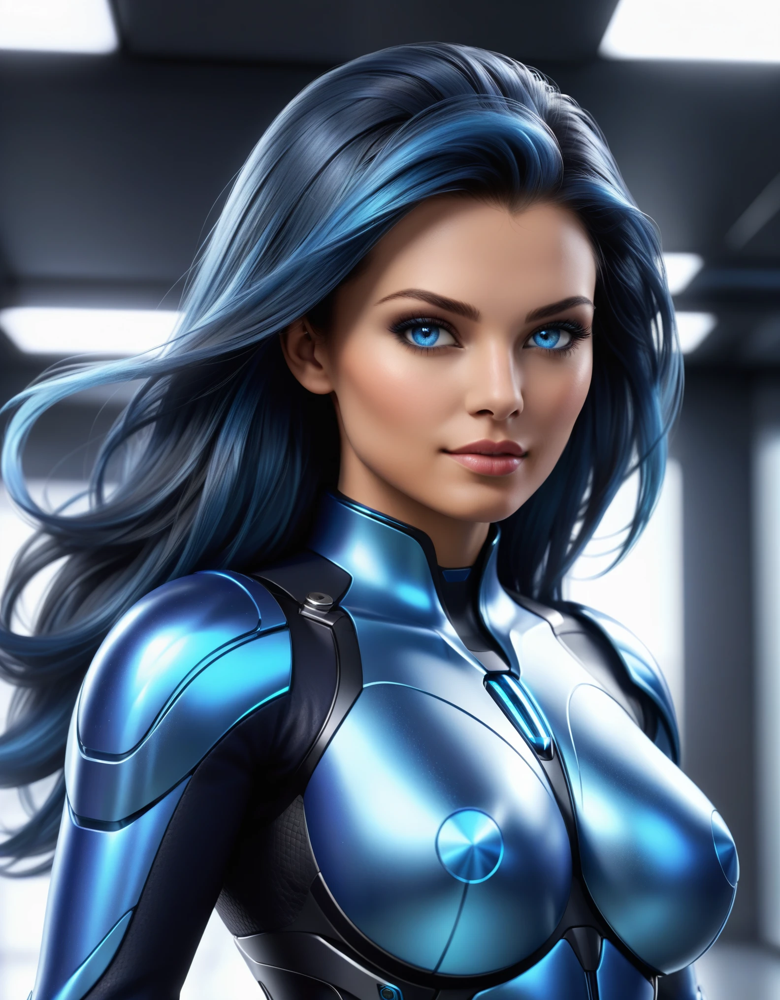 ((best quality)), ((masterpiece)), (detailed: 1.4), 3D, an image of a beautiful blue-eyed woman wearing a blue beetle suit with thick hair, large breasts with shots and a big, voluminous tail, light particles , Pure energy, chaos, antitech, HDR (High Dymanic Range), Ray tracing, NVIDIA RTX, Super-Resolutio