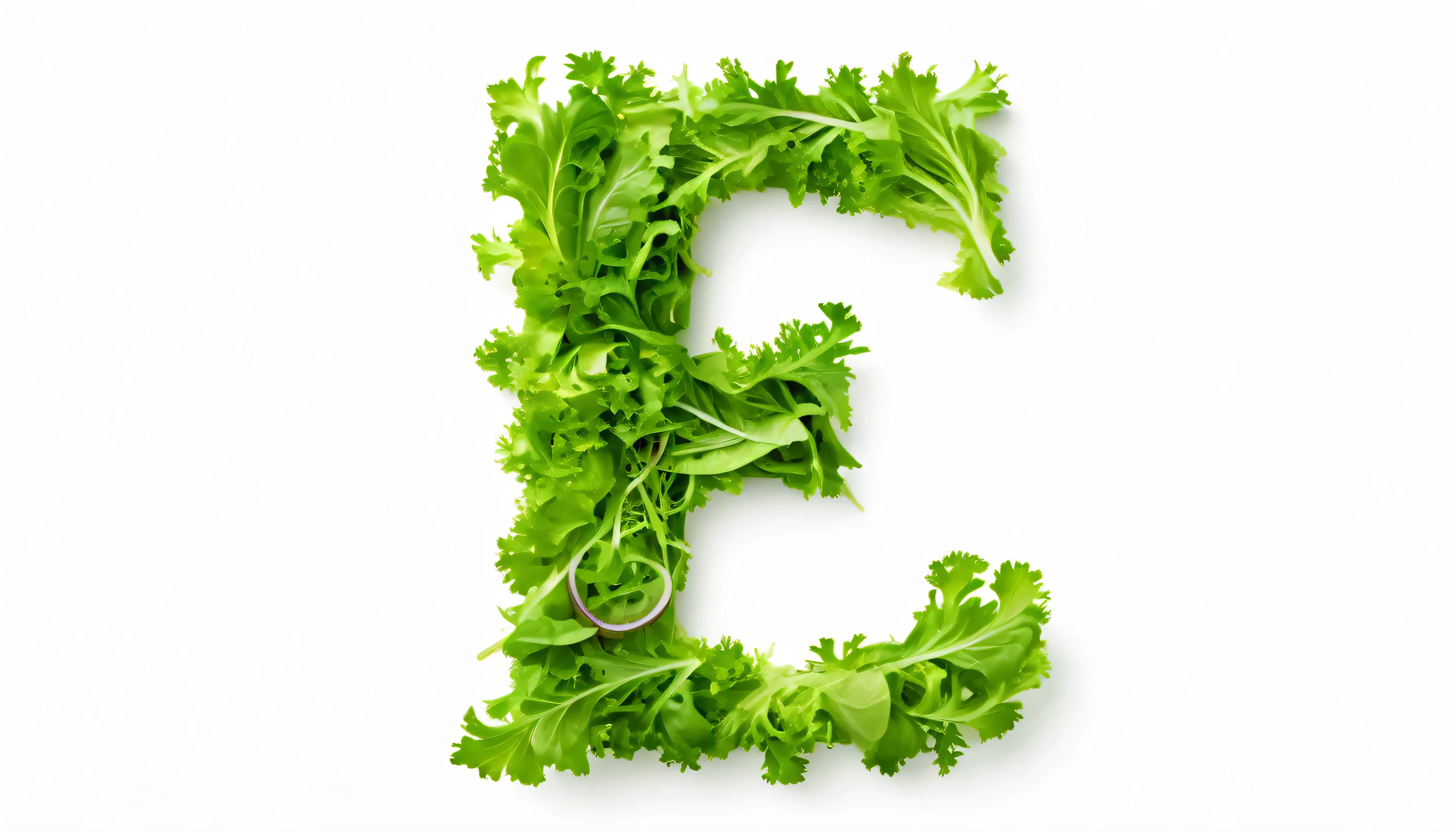 Character ' F ' made of salad, sharp outline, photography, isolated white background .