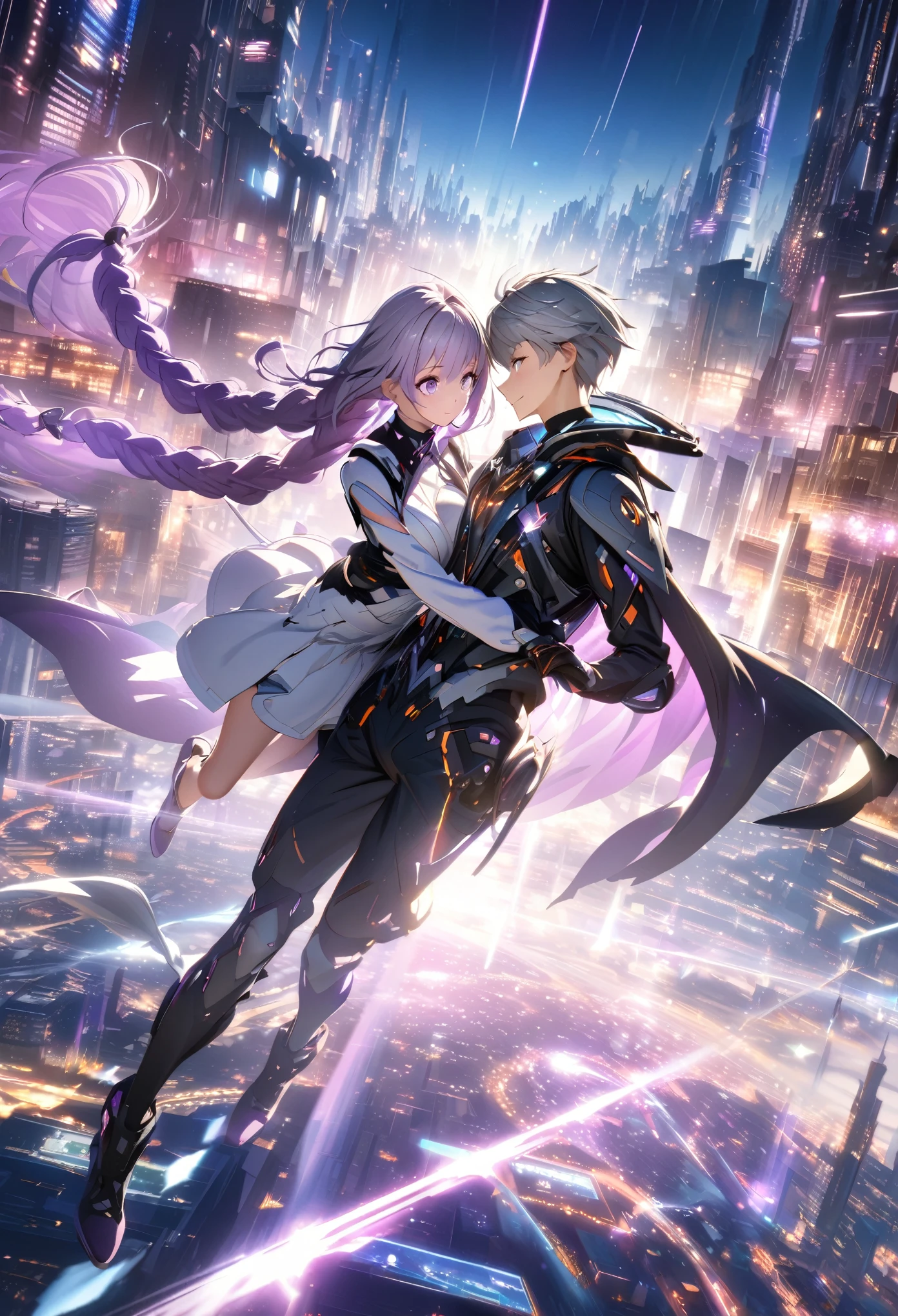 masterpiece, best quality, (Very detailed CG Unity 8k wallpaper), (best quality), (Best Illustration), (Best shadow), futuristic city background, floating in air, (A couple, beautiful girl and boy), Big watery eyes, Look at each other, purple hair,purple eyes,very long hair,grey hair,double braid,gradient hair, Smile, Beautiful Face,Glowing city lights, blured background, Luminous Particle Effects,(Particle Effects), Octane Rendering, Ray Tracing, Super detailed