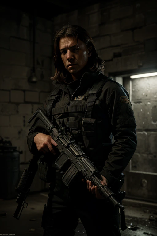 medium size rifle, MI6 agent, highly detailed, photorealistic, 8k, best quality, cinematic lighting, dramatic pose, intense expression, tactical gear, military background, gritty urban setting, moody color palette, chiaroscuro lighting