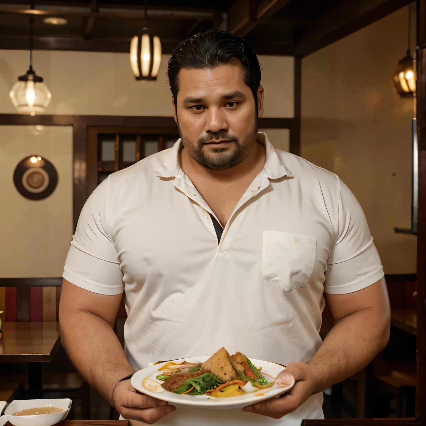 Draw a picture of a large 35 year old man holding a serving plate in his hand. Padang restaurant restaurant work clothes, the shirt says "Padang Jaya" background in a Padang Jaya restaurant