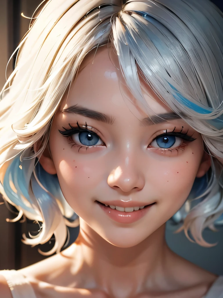 ((best quality)), ((masterpiece)), (detailed), perfect face. Asian girl. Smile. White hair. Small breast. Nipple.