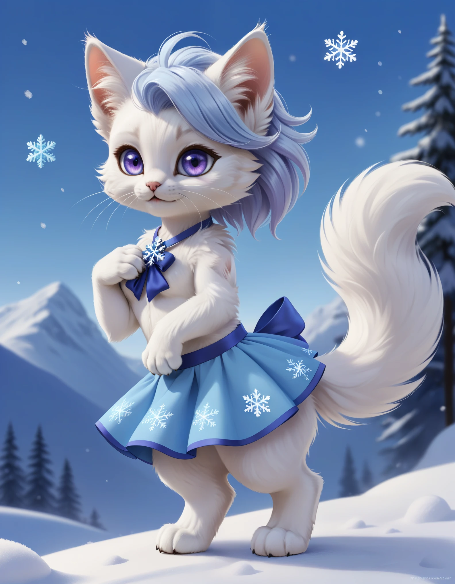 White cat，Prefer cats，Hairy body，skirt，Fluffy，No clothes，Blue Snowflake Hair Accessory，Q version，beautiful，simple art style，Cartoon Style，Standing，Purple Eyes，Blue ear hair, White hair on ear tips，tail blue，Tip white，winter，snow，paw