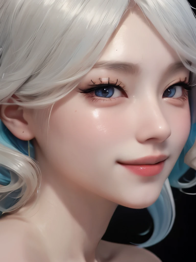 ((best quality)), ((masterpiece)), (detailed), perfect face. Asian girl. Smile. White hair. Small breast. Nipple.