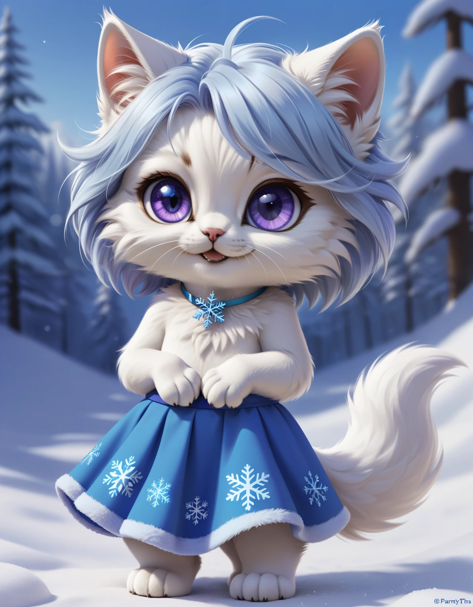 White cat，Prefer cats，Hairy body，skirt，Fluffy，No clothes，Blue Snowflake Hair Accessory，Q version，beautiful，simple art style，Cartoon Style，Standing，Purple Eyes，Blue ear hair, White hair on ear tips，tail blue，Tip white，winter，snow，paw