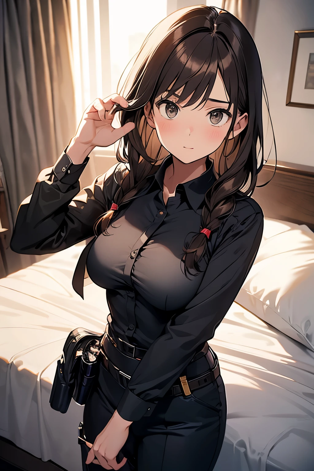 Brown Hair、Staring at the audience　　　Black suspenders　　　bulging big breasts　　 　 　　　wall: 　Black pantsuit　　　　　　sight　　　Small face　 　　　holster　　　Beautiful woman　　Show your hand　　 Lying in bed　　sight 　　Taunt　side　side汗 　arm　Dress shirt　Black Suit　belt