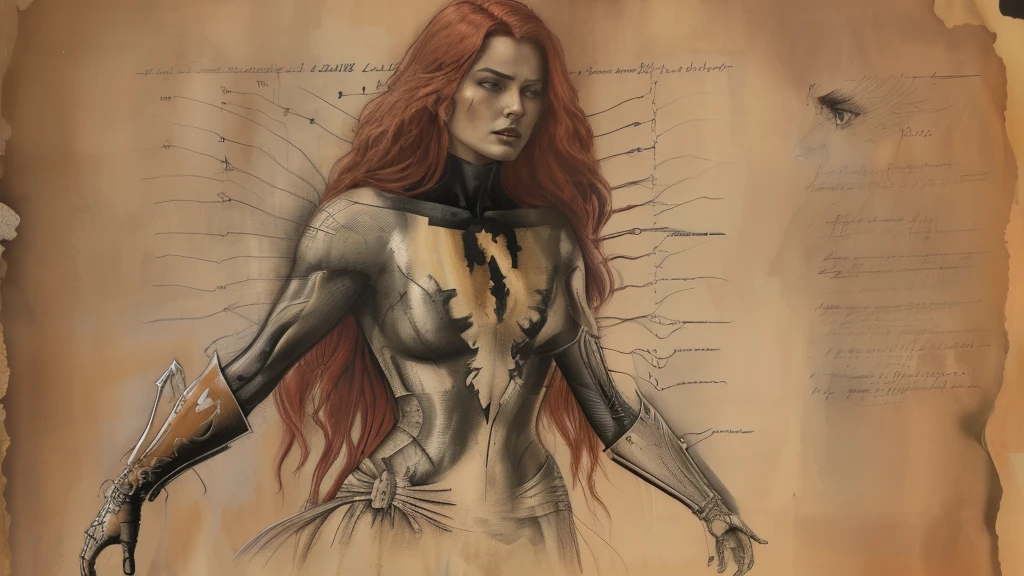 color photo of: a vintage anatomy detailed sketch of Jean Grey, the iconic mutant from X-Men, meticulously illustrating the intricate workings of her physiology in a vintage style that exudes a sense of nostalgia and historical charm. The sketch showcases Jean Grey's anatomy with detailed precision, capturing the essence of her mutant abilities in a visually captivating manner.

color photo of: a vintage-inspired anatomy sketch of Jean Grey, the enigmatic mutant from X-Men, intricately depicting her physiological structure and mutant powers.

the sketch, reminiscent of classic scientific illustrations, showcases Jean Grey's anatomy with meticulous attention to detail, highlighting the intricate networks of her telepathic and telekinetic abilities.

each line and curve in the sketch, carefully executed, brings to life the complexity of Jean Grey's mutant physiology, from the neural pathways of her mind to the energy flow within her body.

the vintage style of the sketch, with its sepia tones and delicate shading, adds an air of nostalgia and reverence to the portrayal of Jean Grey's anatomy, as if it were a treasured scientific artifact.

the sketch captures Jean Grey's features, such as her piercing eyes and fiery red hair, with a level of authenticity that transports the viewer back in time, evoking a sense of curiosity and wonder.

the level of detail in the sketch, from the intricacies of Jean Grey's skeletal structure to the subtle nuances of her muscular system, invites observers to explore the depth and complexity of her mutant abilities.

inspired by the meticulous anatomical drawings of historical artists, the vintage anatomy sketch of Jean Grey pays homage to their dedication to capturing the beauty and intricacy of the human form.
