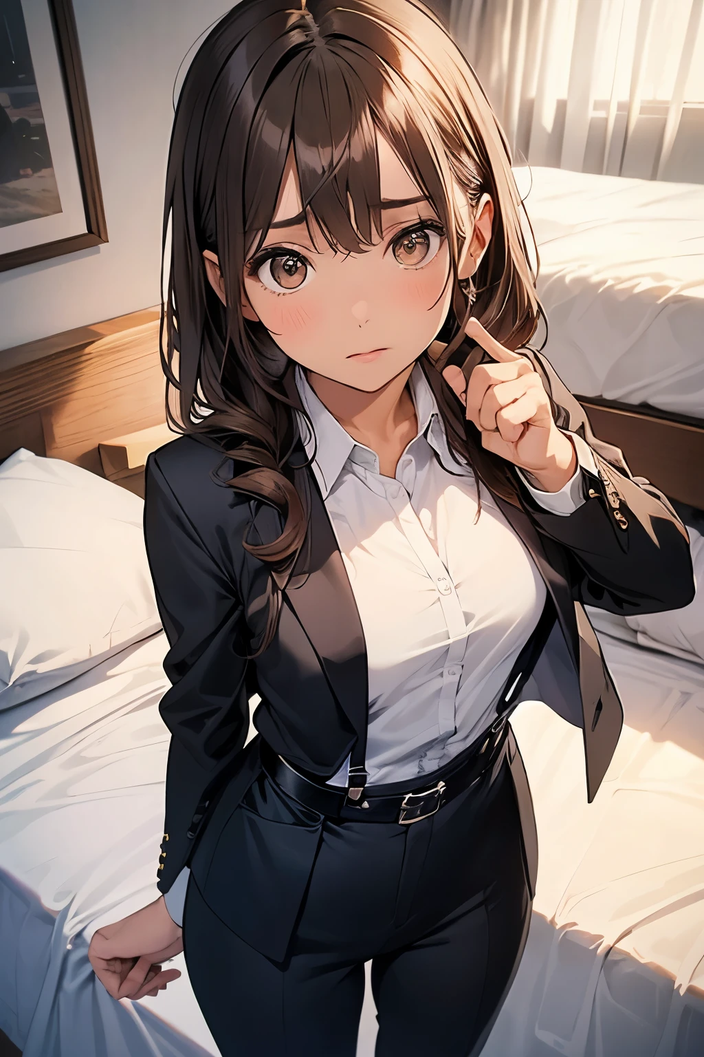 Brown Hair、Staring at the audience　　　Black suspenders　　　bulging big breasts　　 　 　　　wall: 　Black pantsuit　　　　　　sight　　　Small face　 　　　holster　　　Beautiful woman　　Show your hand　　 Lying in bed　　sight 　　Taunt　side　side汗 　arm　Dress shirt　Black Suit　belt
