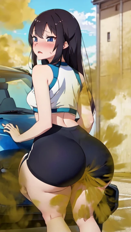 2 Asian girls, both farting together side by side, desperate to poop, farting while sitting on car seat, sitting down, wearing sports outfit, stomach bloated, hangs holding stomach, pained expression, shocked and embarrassed, mouth open in shock, sweating, blushing, beautiful and cute face, anime art style, fit body, tall and thin, view from back