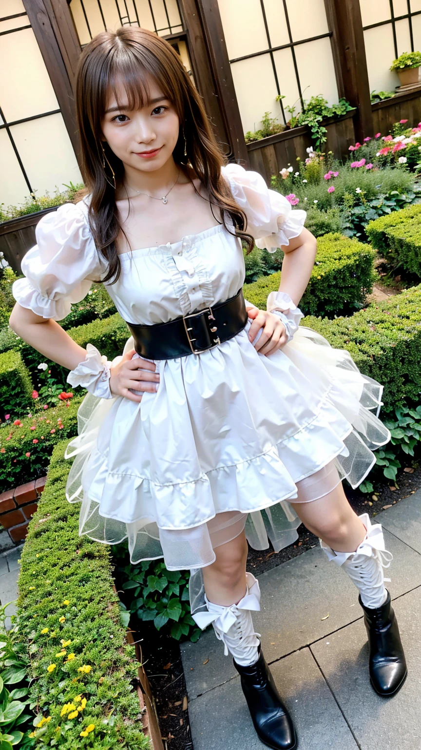 (8k、RAW Photos、highest quality、masterpiece:1.2)、(Realistic、Realistic)、1 girl、((Black checked ee-throughトップス、boots、See-through、Frills、smile、I can see your feet、garden、Semi-long hair、Standing with hands on hips))、Lots of eyelashes、Glowing eyelids、skeletally correct