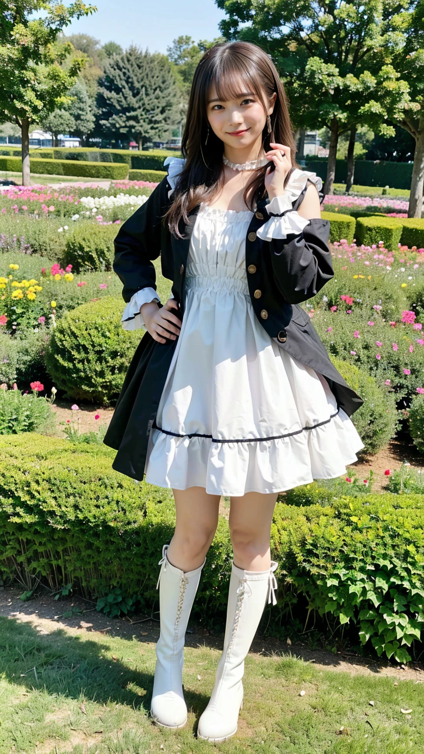 (8k、RAW Photos、highest quality、masterpiece:1.2)、(Realistic、Realistic)、1 girl、((Black checked ee-throughトップス、boots、See-through、Frills、smile、I can see your feet、garden、Semi-long hair、Standing with hands on hips))、Lots of eyelashes、Glowing eyelids、skeletally correct