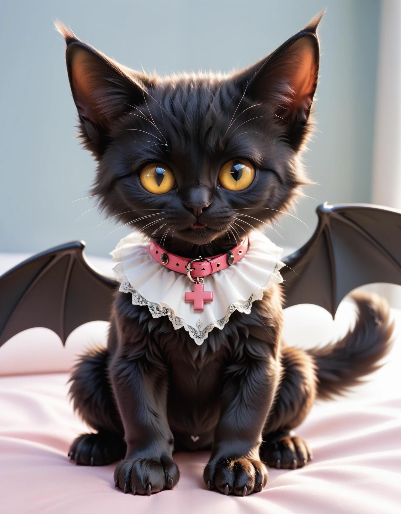 super deformed, furry, funny, fluffy, best quality, masterpiece, pitch black cat-like magical beast with short limbs, yellow oval eyes, triangular pink mouth, Devil's Wing, overall round appearance, cute expression, cute pose, red cross collar