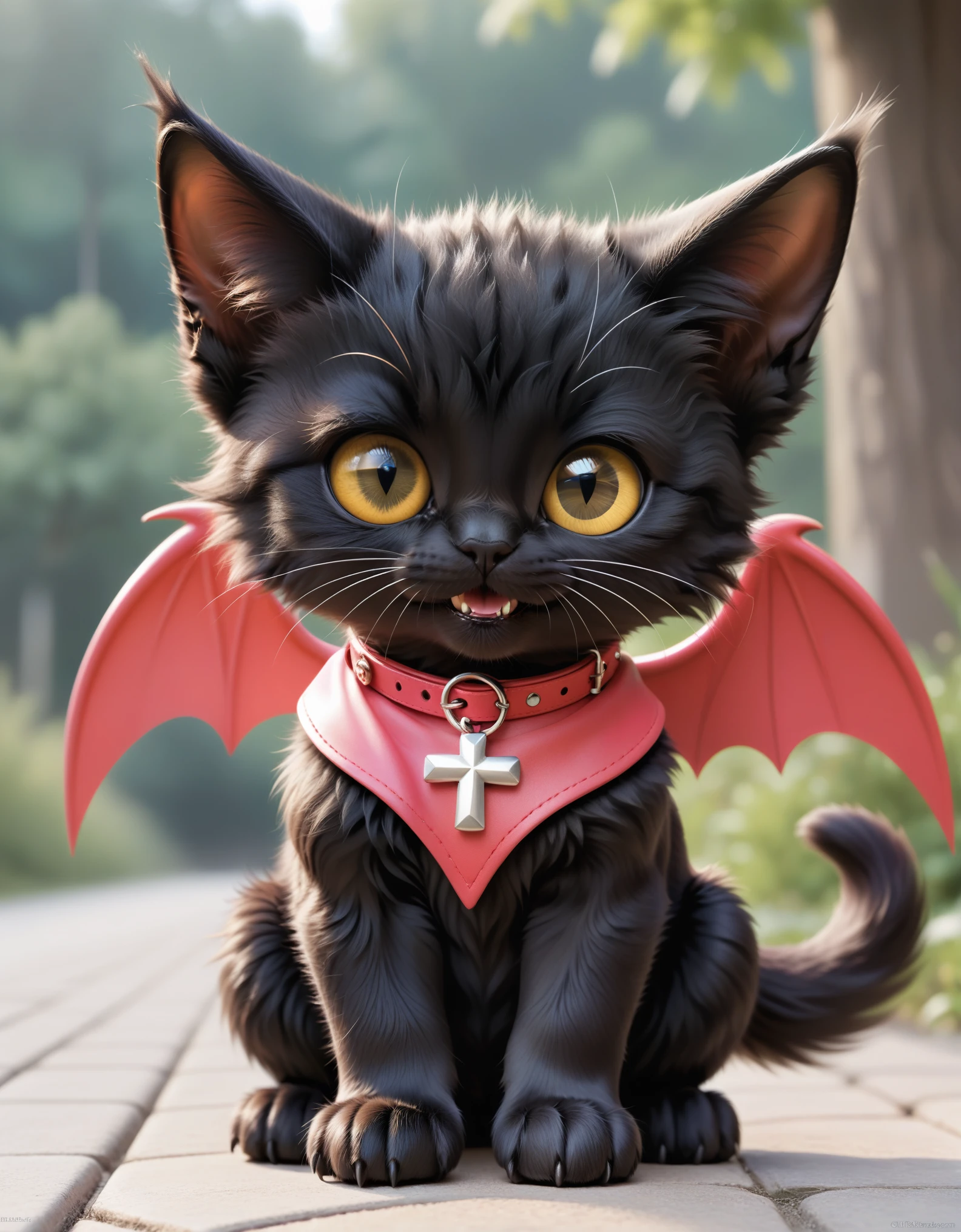 super deformed, furry, funny, fluffy, best quality, masterpiece, pitch black cat-like magical beast with short limbs, yellow oval eyes, triangular pink mouth, Devil's Wing, overall round appearance, cute expression, cute pose, red cross collar