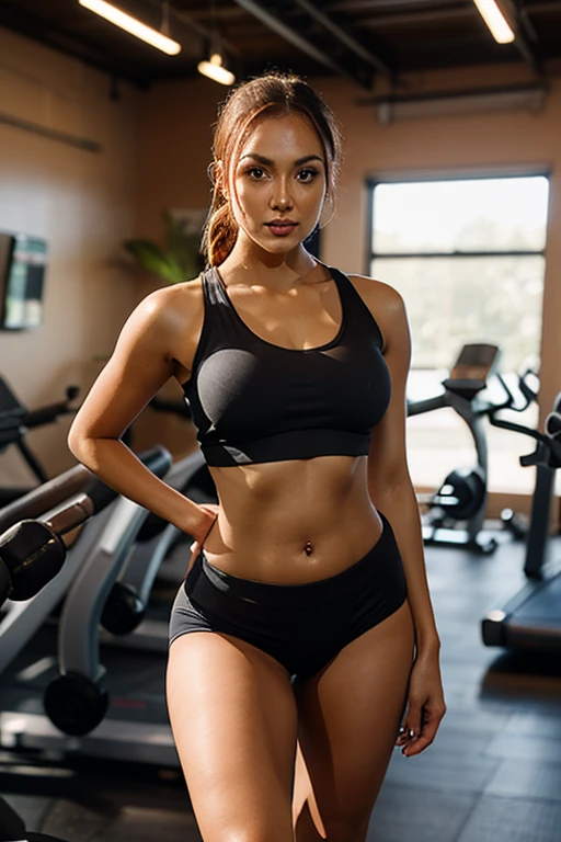 Jane, a 27-year-old woman with a lean and athletic figure. Her long, wavy auburn hair is pulled back into a sleek ponytail, revealing her smooth, makeup-free face. She's dressed in a tight-fitting black sports bra and matching spandex shorts that hug her toned thighs and bottom. Standing in front of a row of treadmills at the gym, Jane's piercing green eyes lock onto a male gym-goer in his mid-thirties who's been watching her intently from the corner of the room.