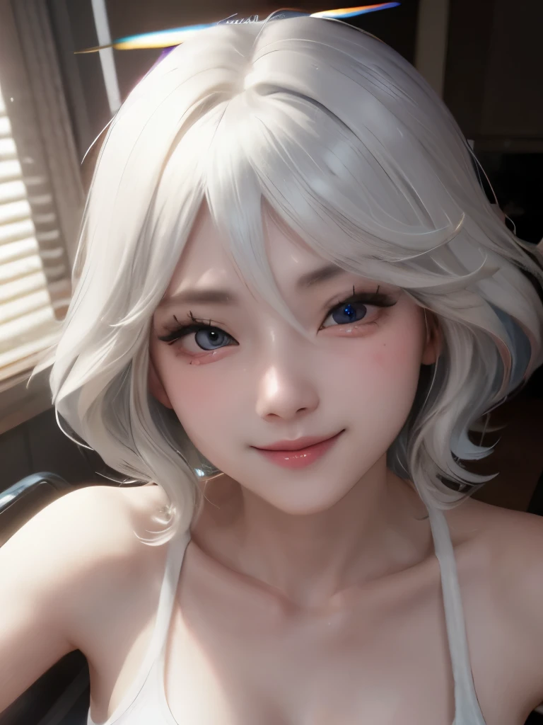 ((best quality)), ((masterpiece)), (detailed), perfect face. Asian girl. Smile. White hair. Tank top. Small breast. Cleavage. Belly.