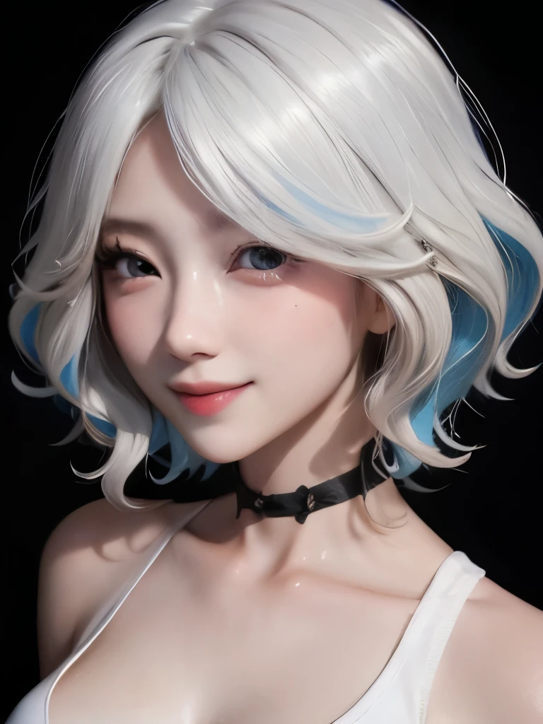 ((best quality)), ((masterpiece)), (detailed), perfect face. Asian girl. Smile. White hair. Tank top. Small breast. Cleavage.