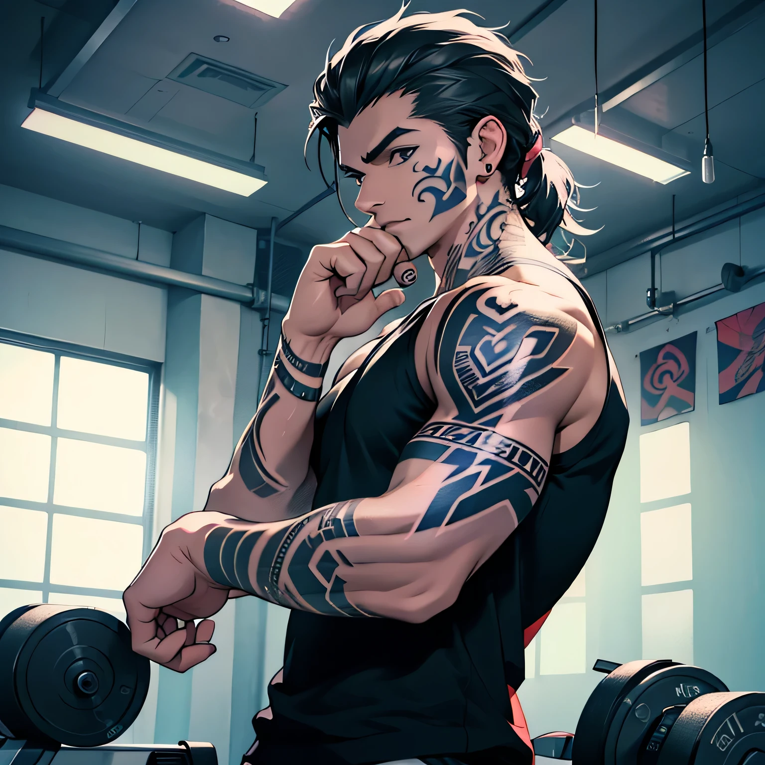 modern，Fitness coach，wear clothes，(Tattoo: 1.5) (Tone: 1.2) (best quality, 4k, 8K, high resolution) (masterpiece: 1.2)(Bold and clear: 1.2)