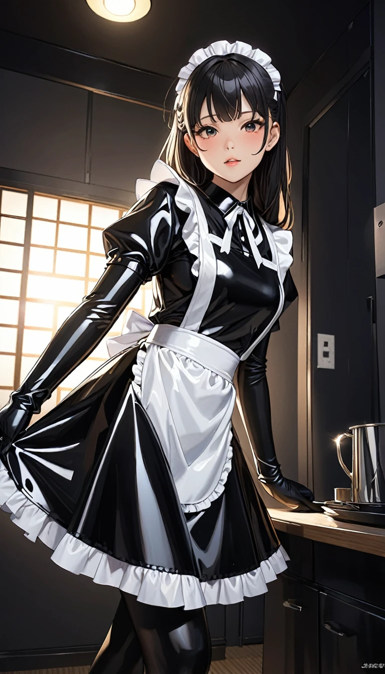 25Old young Japanese woman、(Beautiful Face)、(Black latex maid outfit)、Black latex long skirt、Black latex long sleeve shirt、Long gloves in black latex、black latex tights、White apron below the waist、The clothes fit very well、Latex has a very strong shine、Dark Room