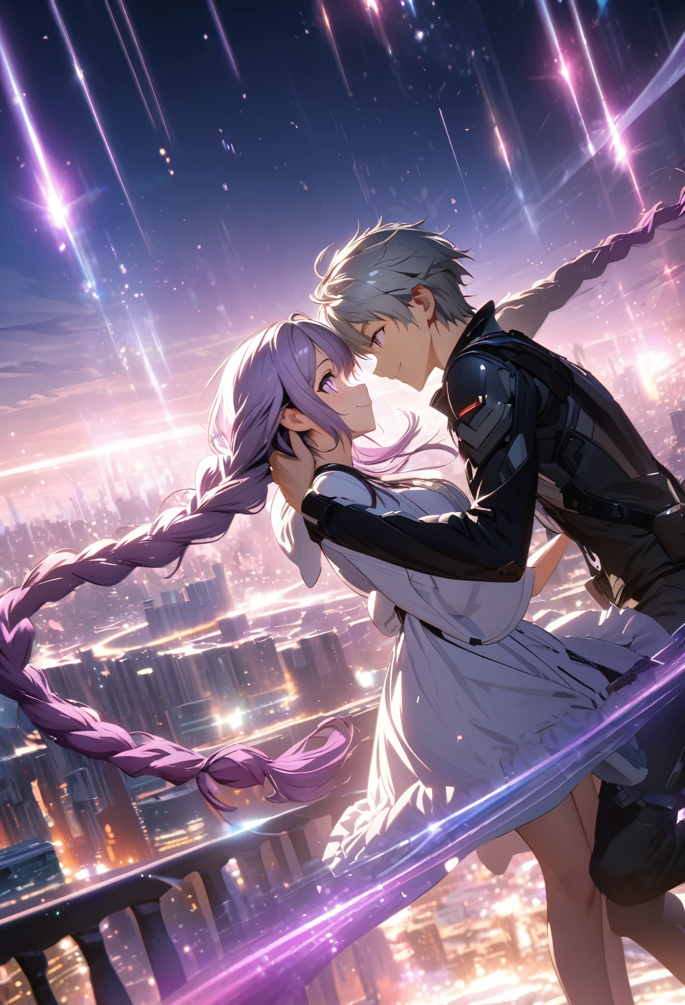 masterpiece, best quality, (Very detailed CG Unity 8k wallpaper), (best quality), (Best Illustration), (Best shadow), futuristic city background, floating in air, (A couple, beautiful girl and boy), beautiful detailed eyes, Look at each other, purple hair,purple eyes,very long hair,grey hair,double braid,gradient hair, Smile, Beautiful Face,Glowing city lights, blured background, Luminous Particle Effects,(Particle Effects), Octane Rendering, Ray Tracing, Super detailed