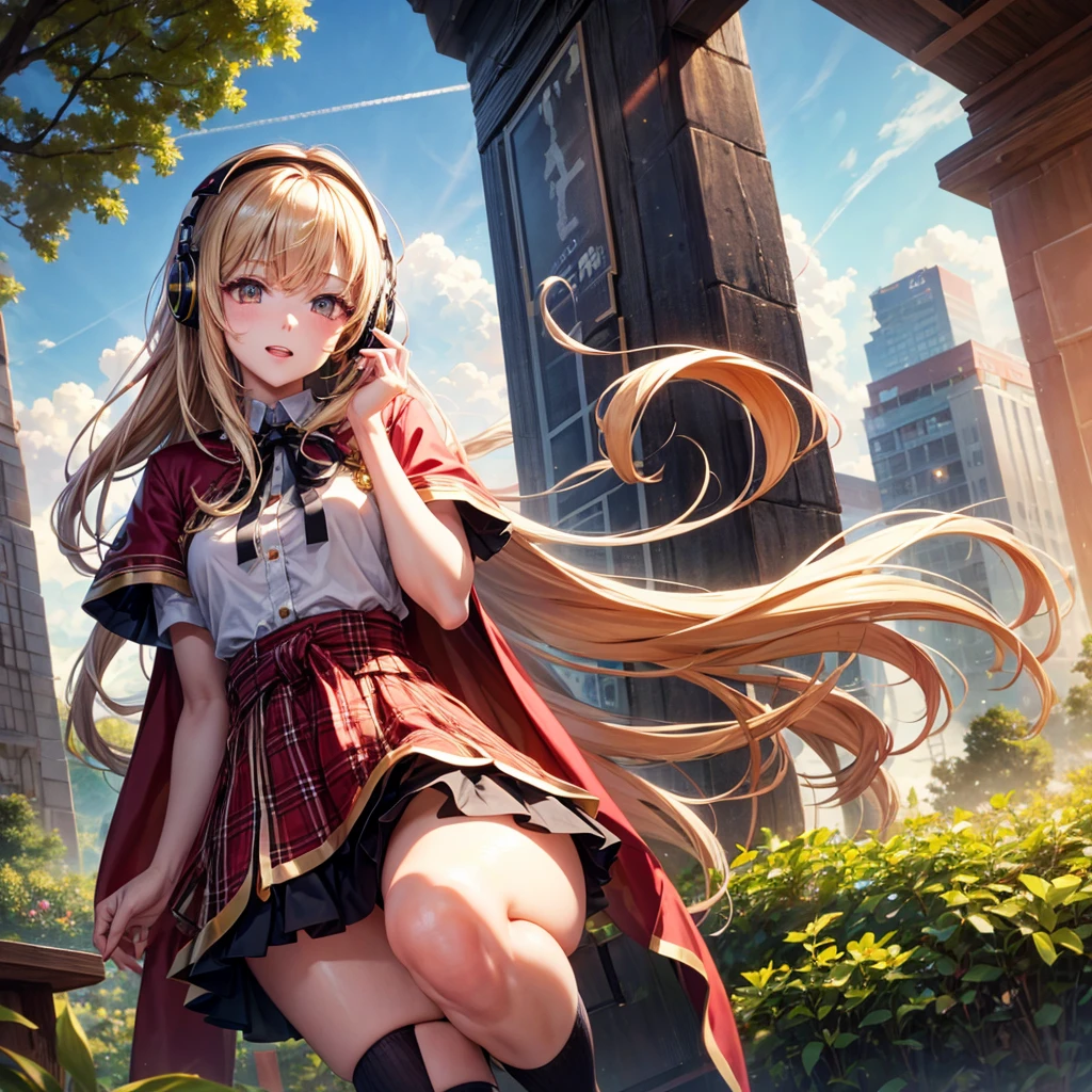 Pink gold golden hair、Golden Eyes、One good looking girl、solo、anime、Checkered mini skirt、The skirt has buttons、Red T-shirt、Cape、Gothic、Black knee-high socks、Wearing headphones、Wearing a ribbon、Ribbon on waist、Tilting face、Teeth are visible、Sunset sky、Water Mountain、Piercing the clouds、Contrail、lens、tree、Touching your face、lotus leaves、Cumulonimbus