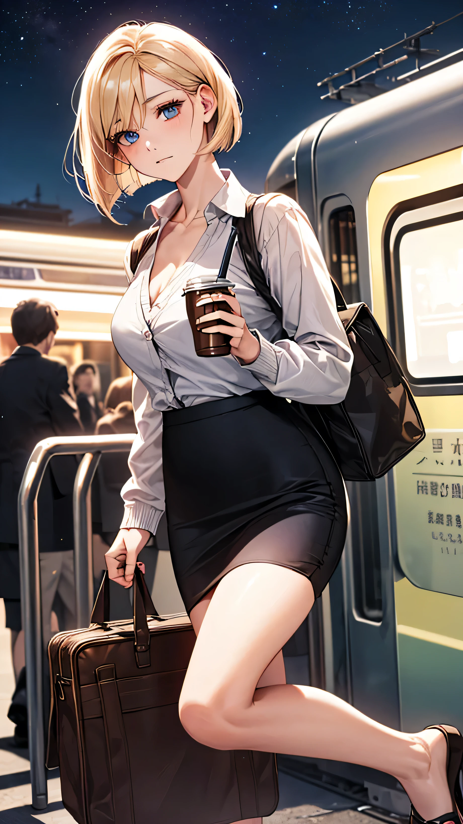 (masterpiece:1.2, highest quality), (realistic, photorealistic:1.4), beautiful illustrations, (natural side lighting, movie lighting),  
 1 girl,  16 years old、perfect face, Cute symmetrical face, shiny skin, 
shiny skin, (blonde、one length bob:1.3)、Bob Wanlen、blue eyes、hair between eyes, slanted eyes, long eyelashes, Medium chest, thin,  ((formal shirts、pencil skirt、cardigan))、Black Bag、
beautiful hair, beautiful face, thin and beautiful eyes, beautiful clavicle, beautiful body, beautiful breasts, beautiful thighs, beautiful feet, beautiful fingers, 
((station platform、、train、canned coffee)), starry sky,  head tilt,