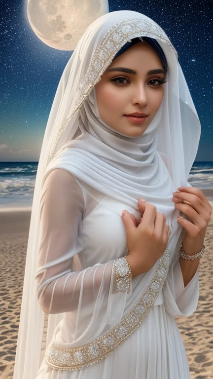 There is a goddess in a white hijab and veil, wear a saphire necklace, ((an outstanding scene of fullmoon on a beach Night time starry night as a background)), long hair, (detailed detail, ultra sharp, best quality, masterpiece), 