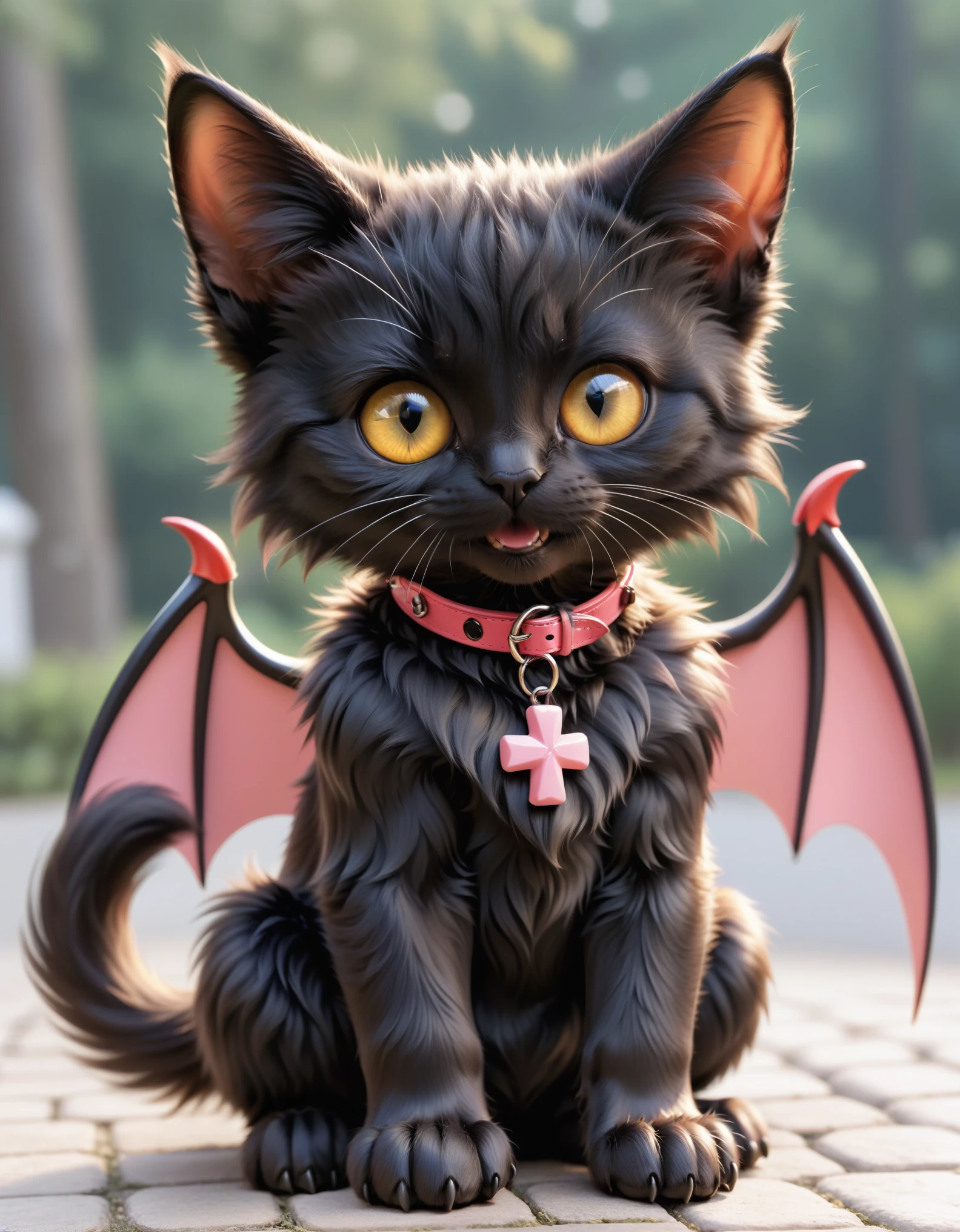 super deformed, furry, funny, fluffy, best quality, masterpiece, pitch black cat-like magical beast with short limbs, yellow oval eyes, triangular pink mouth, Devil's Wing, overall round appearance, cute expression, cute pose, red cross collar