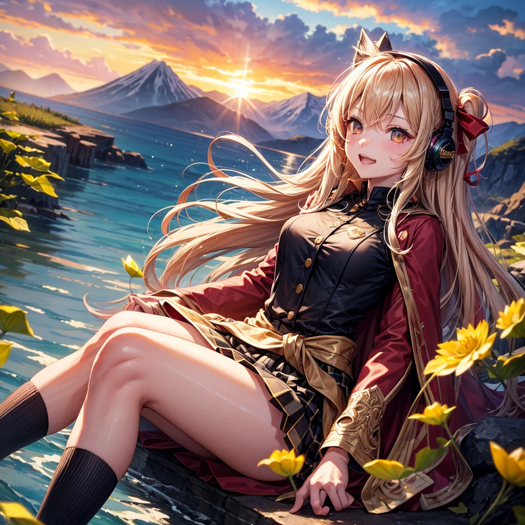 Pink gold golden hair、Golden Eyes、One good looking girl、solo、anime、Checkered mini skirt、The skirt has buttons、Red T-shirt、Cape、Gothic、Black knee-high socks、Wearing headphones、Wearing a ribbon、Ribbon on waist、Tilting face、Teeth are visible、Sunset sky、Water Mountain、Piercing the clouds、Contrail、Touching your face、lotus leaves、Cumulonimbus