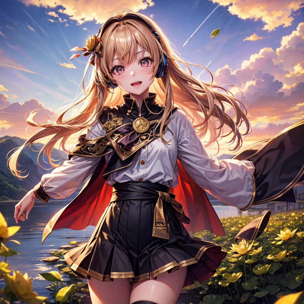 Pink gold golden hair、Golden Eyes、One good looking girl、solo、anime、Checkered mini skirt、The skirt has buttons、Red T-shirt、Cape、Gothic、Black knee-high socks、Wearing headphones、Wearing a ribbon、Ribbon on waist、Tilting face、Teeth are visible、Sunset sky、Water Mountain、Piercing the clouds、Contrail、Touching your face、lotus leaves、Cumulonimbus