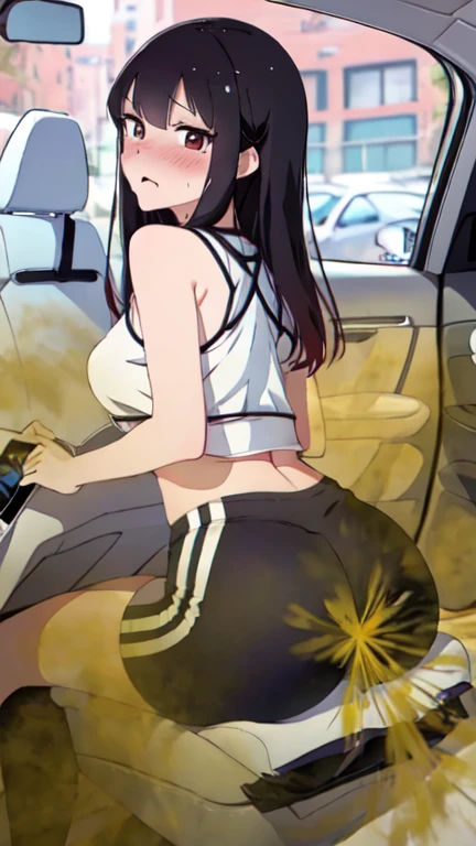 2 Asian girls, both farting together side by side, desperate to poop, farting while sitting in car, sitting down, wearing sports outfit, stomach bloated, hangs holding stomach, pained expression, shocked and embarrassed, mouth open in shock, sweating, blushing, beautiful and cute face, anime art style, fit body, tall and thin, view from back