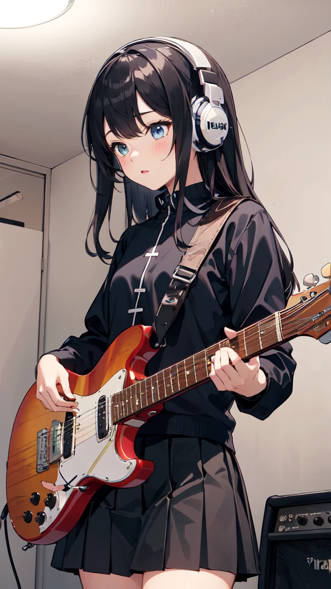 ((masterpiece,best quality)),1girl, solo, black skirt, blue eyes, electric guitar, guitar, headphones, holding, holding plectrum, instrument, long straight hairs, music, one side up, black hair, playing guiter, pleated skirt, black shirt, indoors ,(adult),bangs,(straight on:1.5)