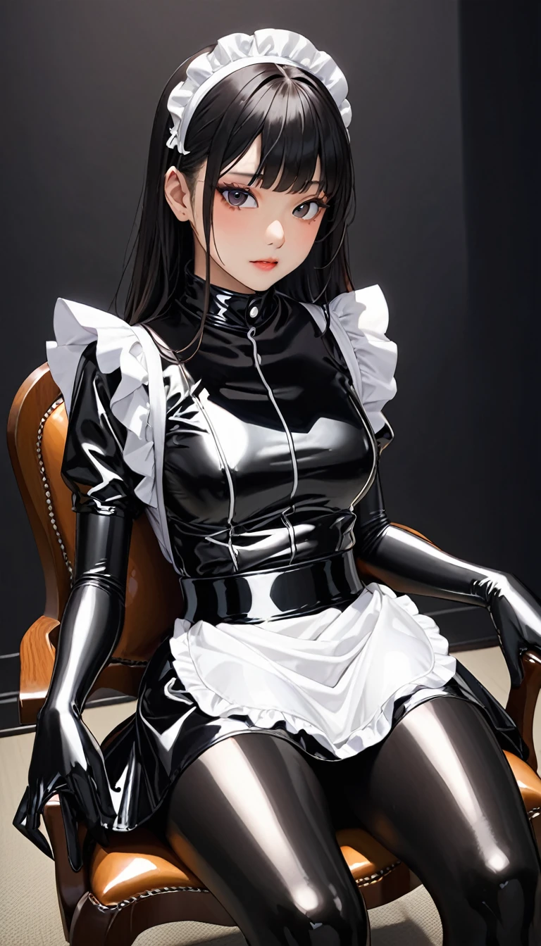 ２５Old young Japanese woman、(Beautiful Face)、(Black latex maid outfit)、Black latex long skirt、Black latex long sleeve shirt、Long gloves in black latex、black latex tights、White apron below the waist、The clothes fit very well、Latex has a very strong shine、Dark Room、Sitting in a chair