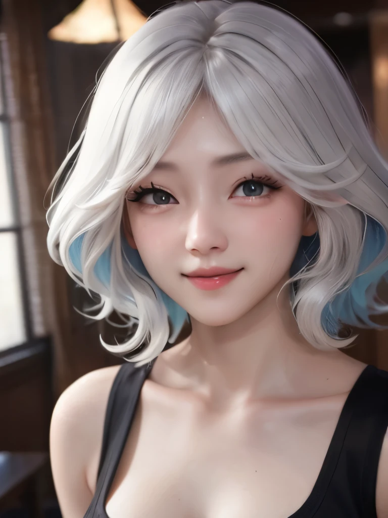 ((best quality)), ((masterpiece)), (detailed), perfect face. Asian girl. Smile. White hair. Tank top. Small breast. Cleavage.