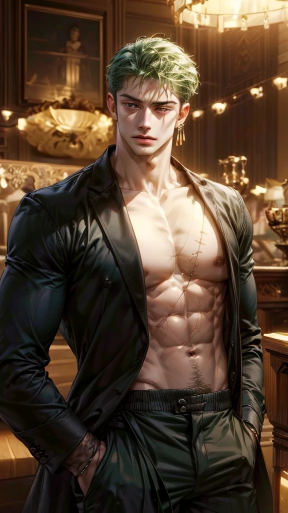 4k, high resolution, best quality, masterpiece, perfect color, perfect shade, perfect lighting, Posted by e621, ((portrait)), ((handsome man)), perfect male figure, Short hair details,chest muscles,abdominal muscles,Naked torso, Detailed face, perfect face, (stood up), Detailed background, ((Bonifasco Lighting)), (delicate eyes),(),green hair,