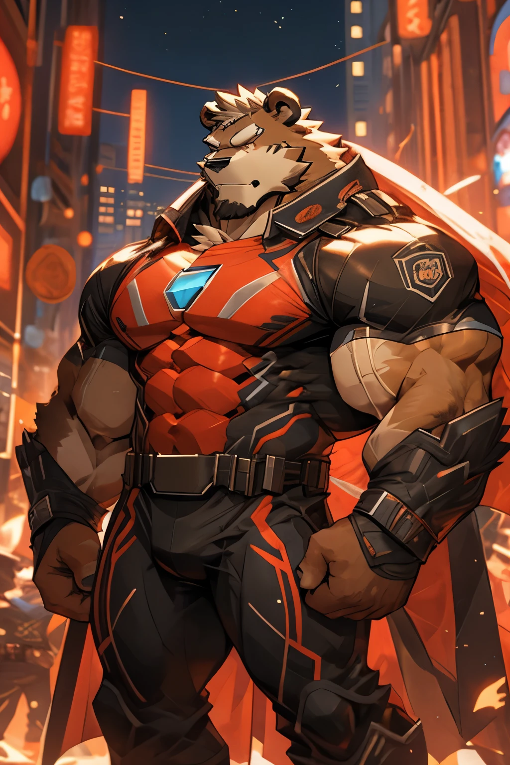 City background，Skyscraper，futuristic city，daytime，Huge muscles，Huge pectoral muscles，Chiseled abdominal muscles，superhero，hero，bodysuit，A furry hero。Huge muscles。(((His hero costume is black and red)))，Brown eyes。A furry hero whose presence inspires trust and respect.muslos musculosos huges firmes.full-body shot。