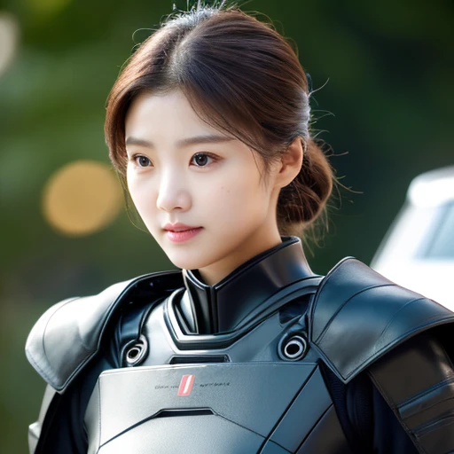UHD, Close-up photo of a cute Korean woman, Intentionally looking straight ahead.,) Chest size 34 inches, ponytail,There was a woman in a dark red leather suit.,) Outdoors, at night, the light is warm.,) 8k Photos, Shot with a high quality Fuji 45 camera.,000,000 pixels, open aperture, warm light,) in black dress, Wear tight clothing., Photo of a woman using technology, Wear technology suits and armor., cybersuits, in black military uniform, cyberpunk outfit, Wear tight black clothing., Cute girl wearing a tank dress, iu lee ji-eun in the role of supervillain, oppai cyberpunk, Female spy 8k photos, Shot with a high quality Fuji 45 camera..,000,Warm light 000 pixels,) realistic light colors,)