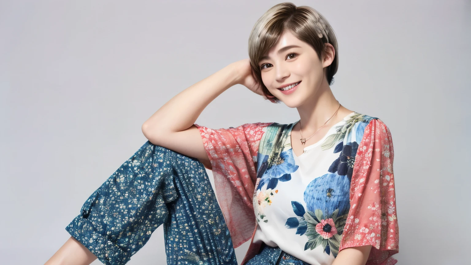 230 (18-year-old female,Floral clothes),  ((short hair:1.46)),  (Pants Style), (A kind smile)